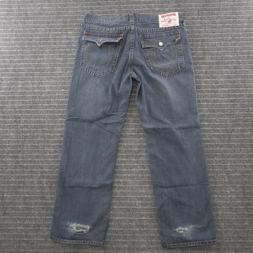 True Religion Ricky Straight Leg Flap Jeans Mens 40 Blue Made in USA Distressed